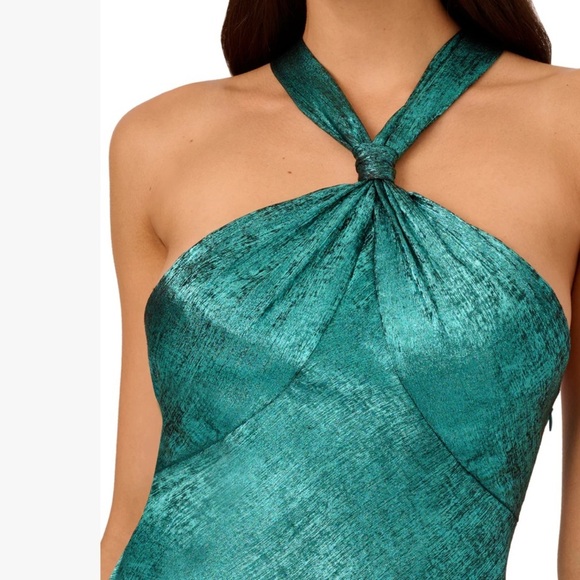 LIV FOSTER JADE Foil Chiffon Metallic Teal Halter Knotted Back Dress Size 2 NWT - Picture 3 of 16
